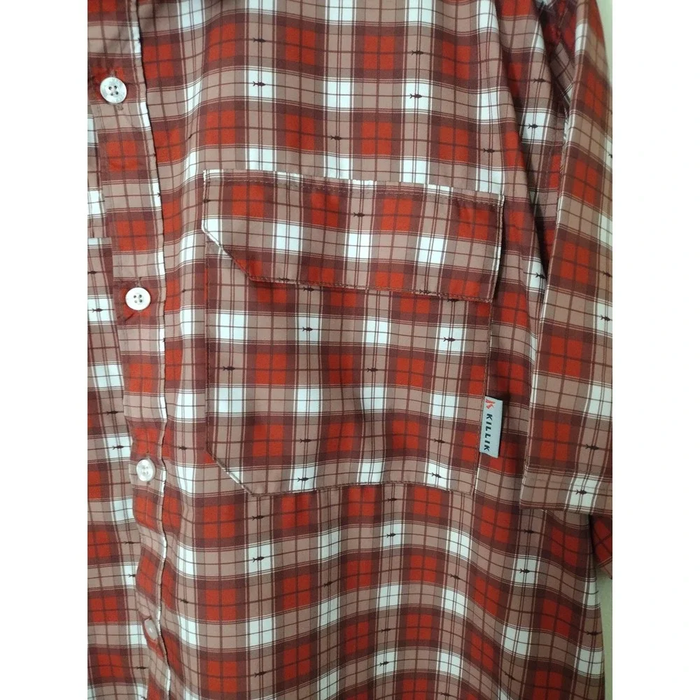 Killik Mens XL Red‎ Plaid Fish Print Short Sleeve Ventilated Fishing Shirt